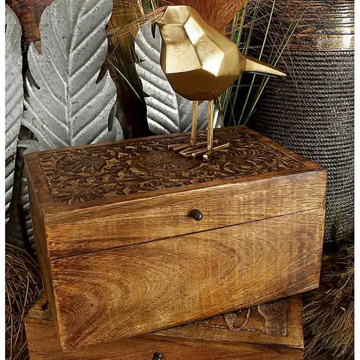 Brown Mango Wood Carved Boxes, Set of 3