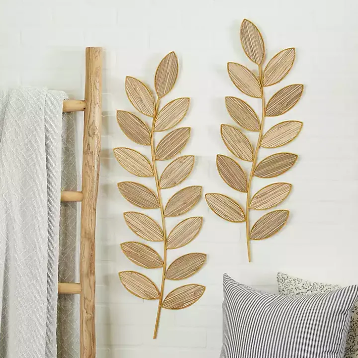 Brown Metal and Reed Leaf Wall Plaques, Set of 2
