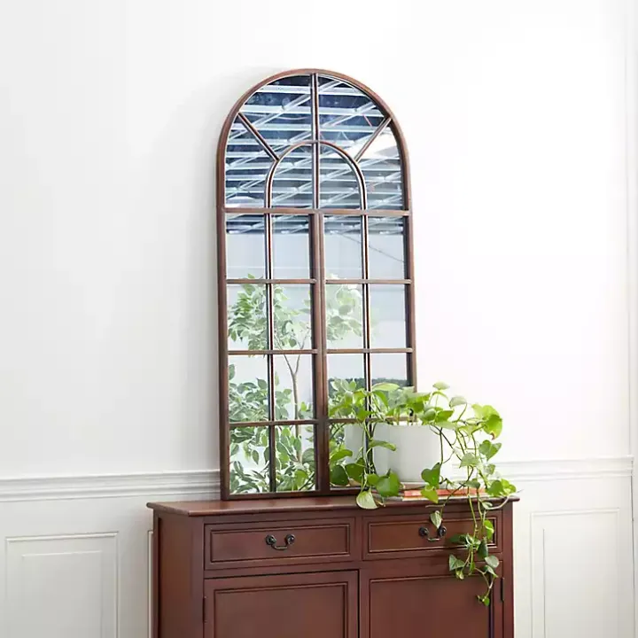 Brown Metal Arch Frame Windowpane Wall Mirror