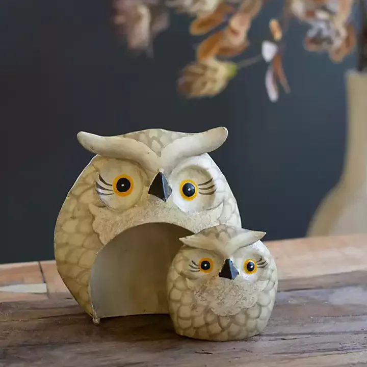 Brown Metal Nesting Owl Figurines, Set of 2