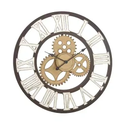 Brown Metal Open Face Gold Gears Wall Clock