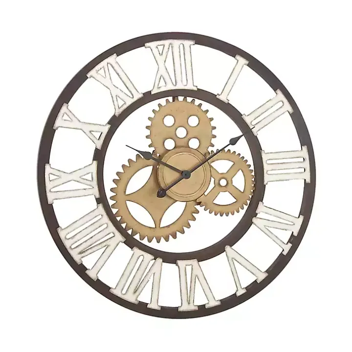 Brown Metal Open Face Gold Gears Wall Clock