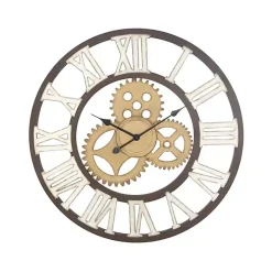 Brown Metal Open Face Gold Gears Wall Clock