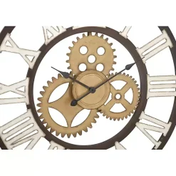 Brown Metal Open Face Gold Gears Wall Clock