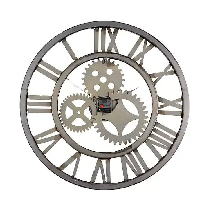 Brown Metal Open Face Gold Gears Wall Clock