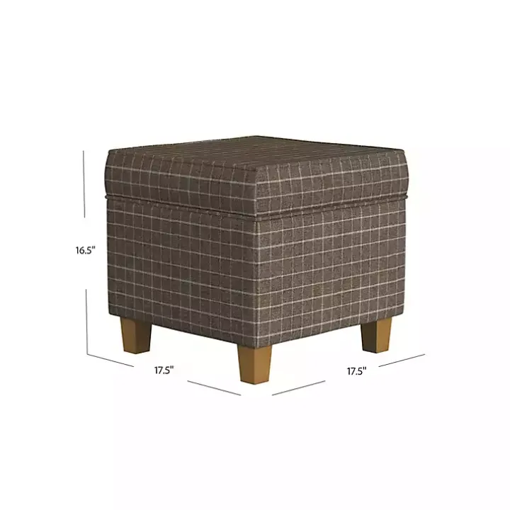 Brown Plaid Upholstered Square Storage Ottoman