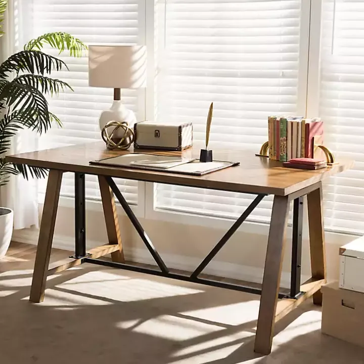 Brown Wood and Metal Linear Base Desk