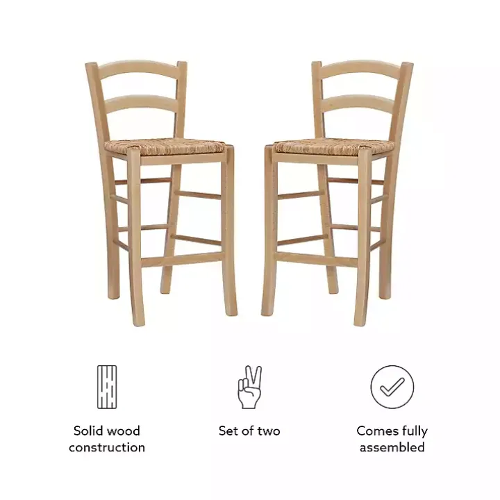Brown Wood and Seagrass Counter Stools, Set of 2