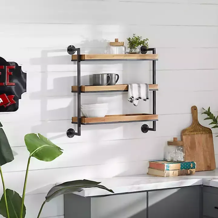 Brown Wood Black Metal Pipe Frame Wall Shelf