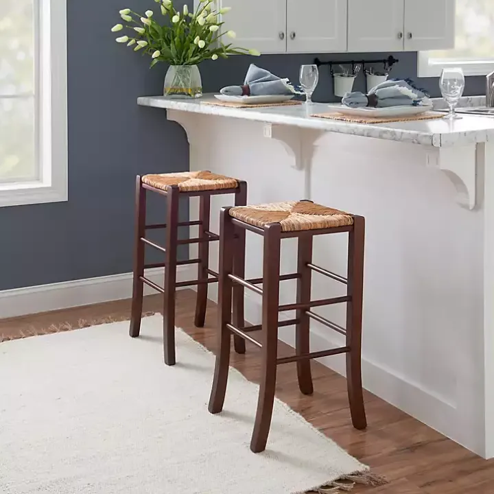 Brown Wood Seagrass Backless 2-pc. Bar Stool Set