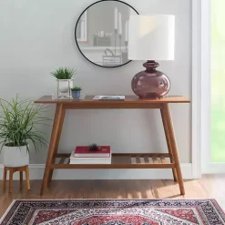 Brown Wood Slatted Bottom Shelf Console Table