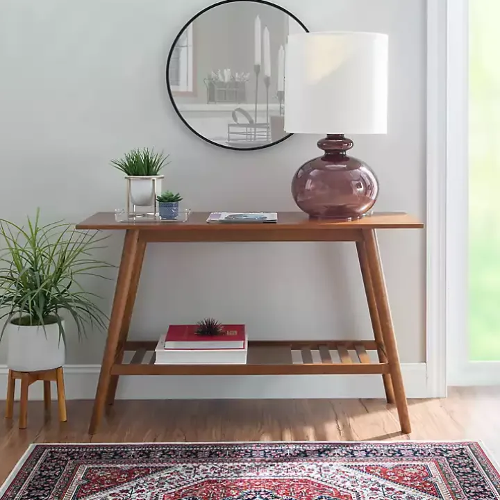 Brown Wood Slatted Bottom Shelf Console Table