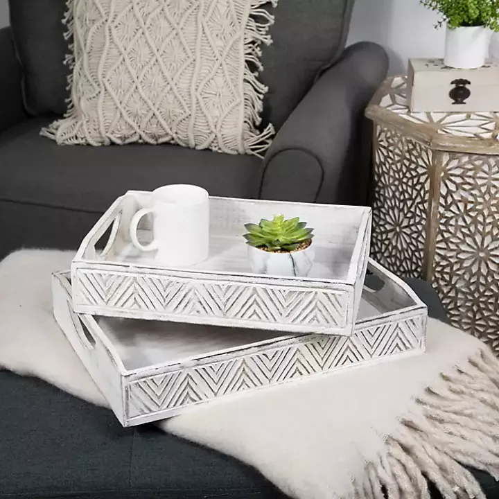 Brushed White Chevron Carved Trays, Set of 2