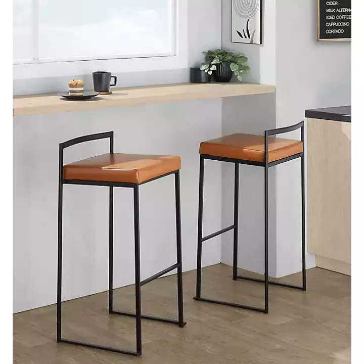 Camel Faux Leather Stackable Bar Stools, Set of 2