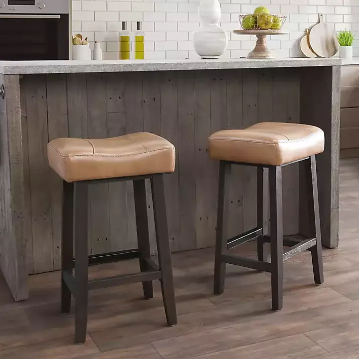Camel Wood and Leather Backless Stool