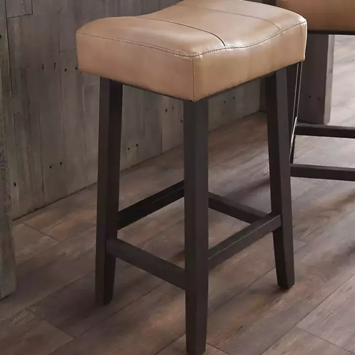 Camel Wood and Leather Backless Stool