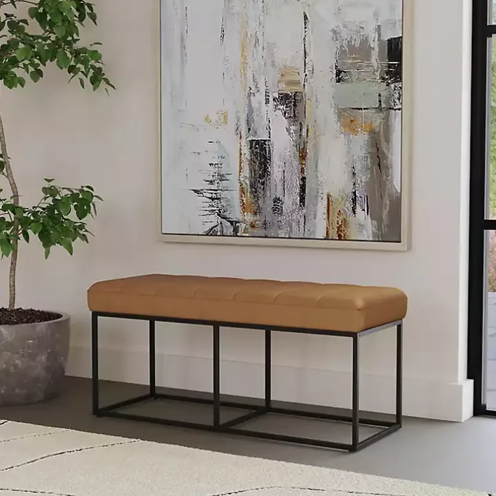 Caramel Faux Leather Upholstered Metal Frame Bench