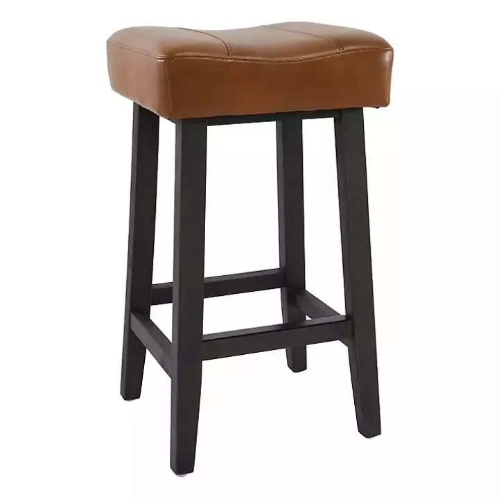 Caramel Wood and Faux Leather Backless Stool