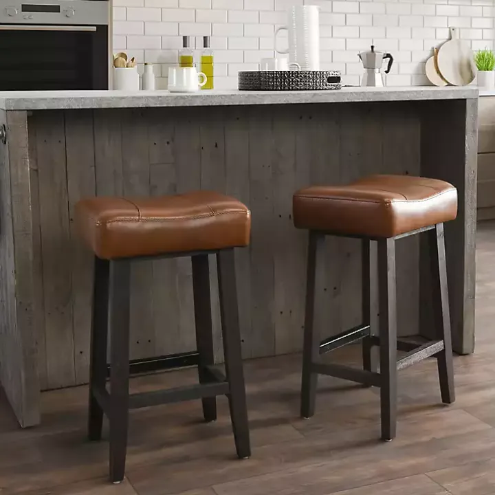 Caramel Wood and Faux Leather Backless Stool