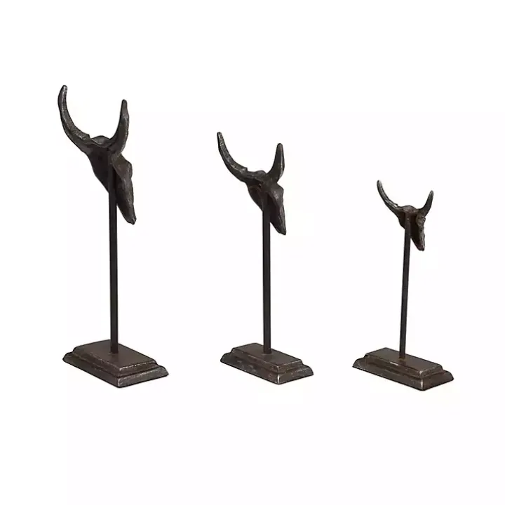 Carved Iron Bullhead Statues, Set of 3