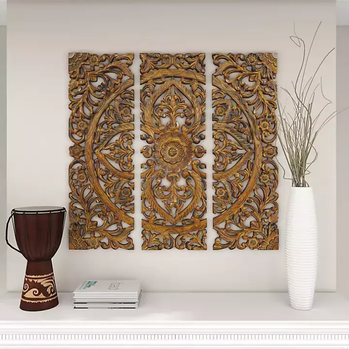 Carved Mahogany 3-pc. Triptych Wall Panels