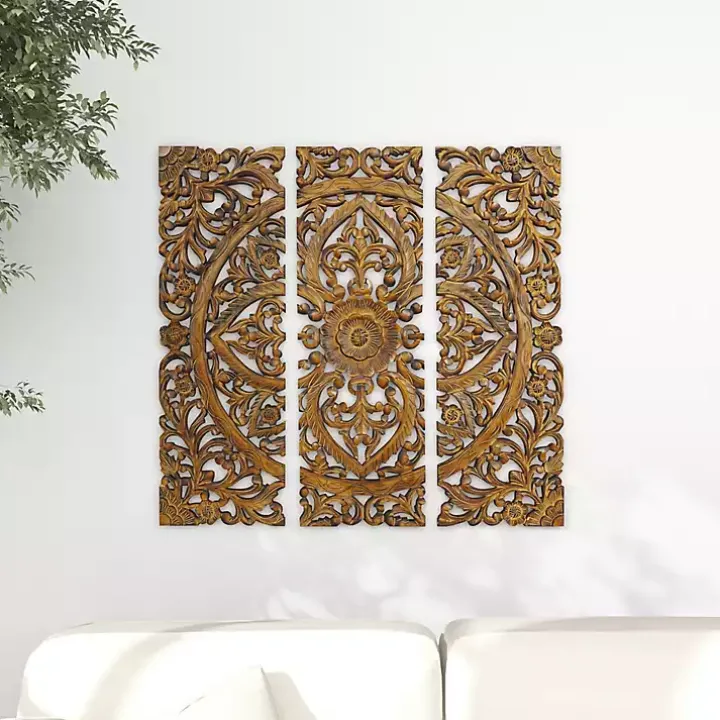 Carved Mahogany 3-pc. Triptych Wall Panels