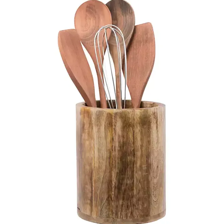 Carved Mango Wood Utensil Crock