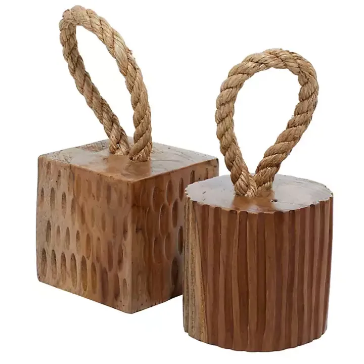 Carved Teak Wood and Rope Door Stoppers, Set of 2