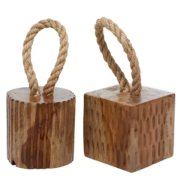 Carved Teak Wood and Rope Door Stoppers, Set of 2