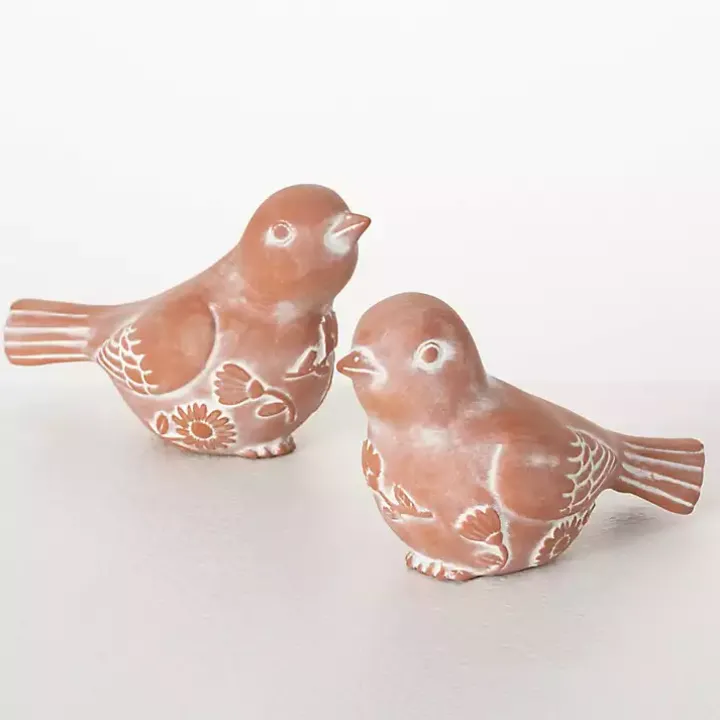 Carved Terracotta Bird Figurines, Set of 2