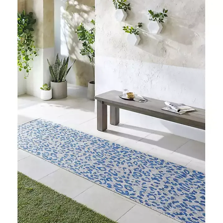 Cauli Blue Leopard Print Outdoor Runner Rug, 2x12