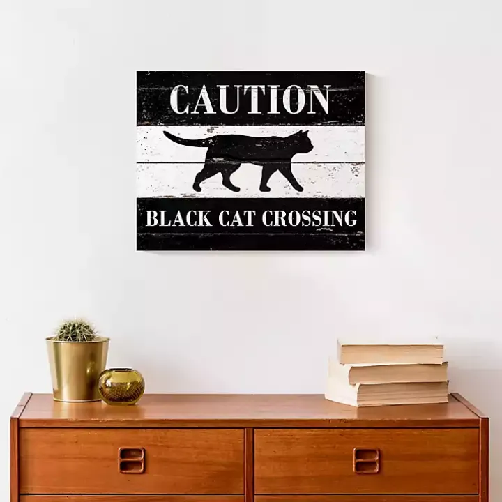 Caution Black Cat Crossing Halloween Canvas Print