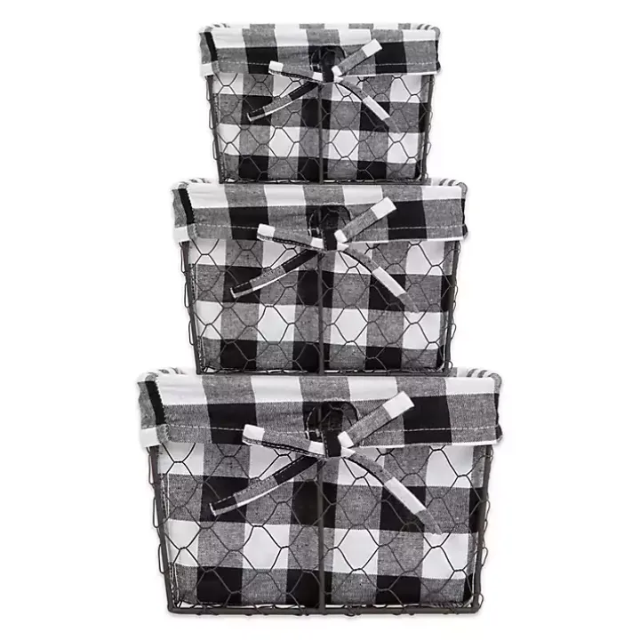 Chicken Wire and Buffalo Check Baskets, Set of 3