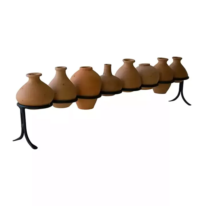 Clay Mini Vases with Iron Base, Set of 9