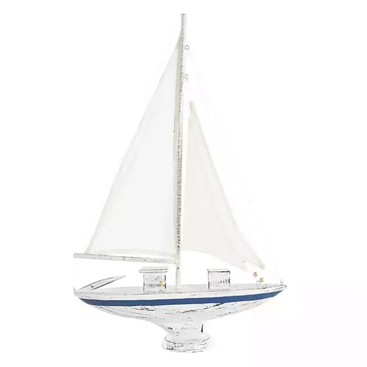 Coastal White and Blue Sailboat Statue
