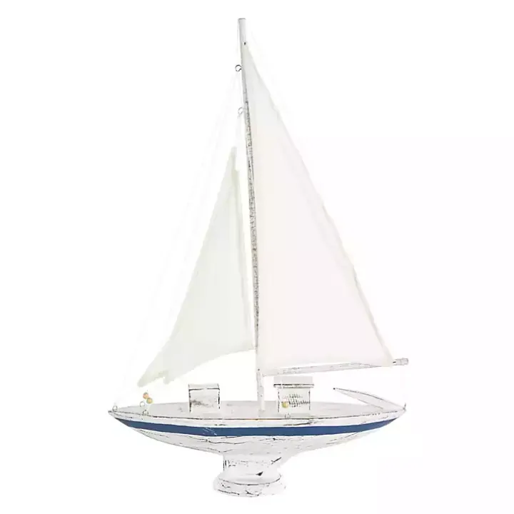 Coastal White and Blue Sailboat Statue