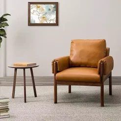 Cognac Faux Leather and Wood Accent Chair
