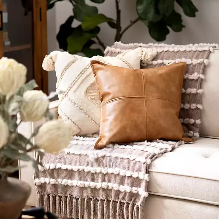 Cognac Faux Leather Throw Pillow
