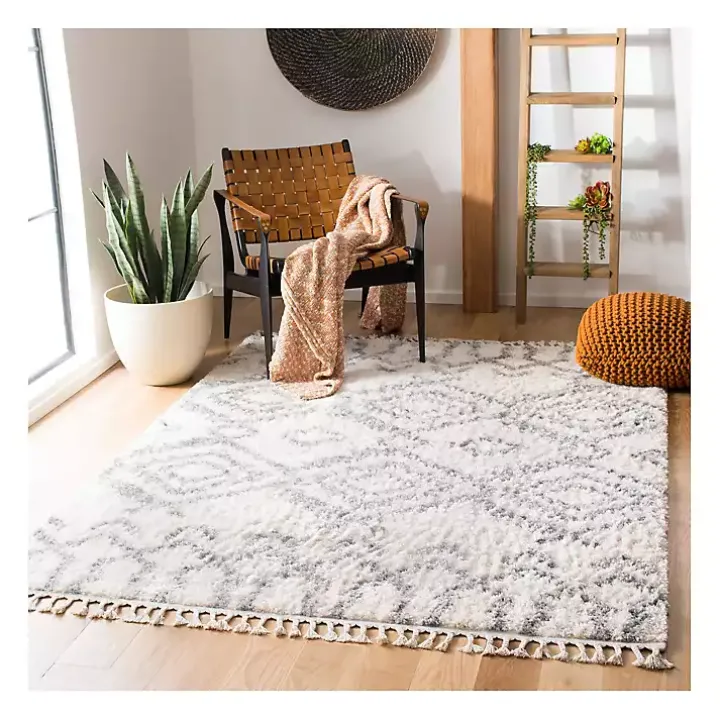 Cream and Gray Bergen Tribal Fringe Shag Rug, 5x7