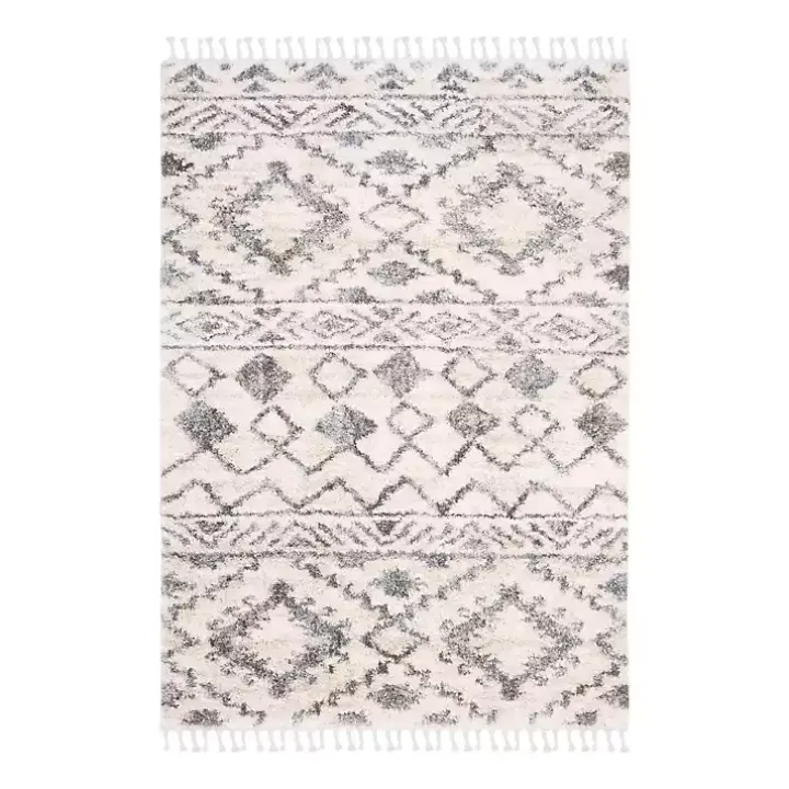 Cream and Navy Moroccan Fringe Shag Rug, 5x7