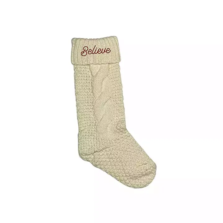 Cream Believe Script Christmas Stocking