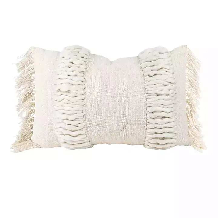 Cream Hand Woven Fringe Ends Lumbar Pillow