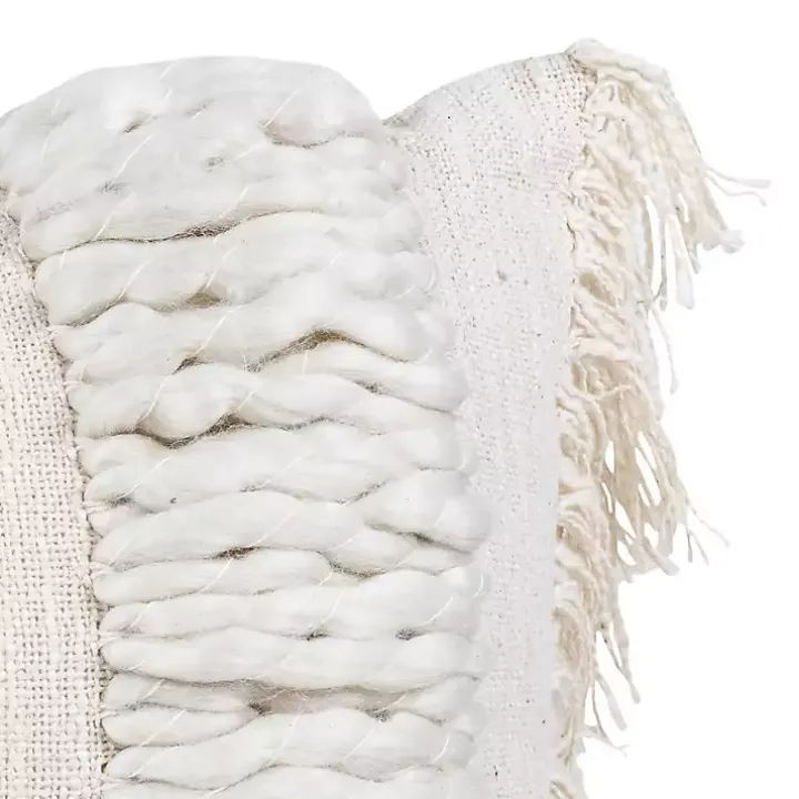 Cream Hand Woven Fringe Ends Lumbar Pillow