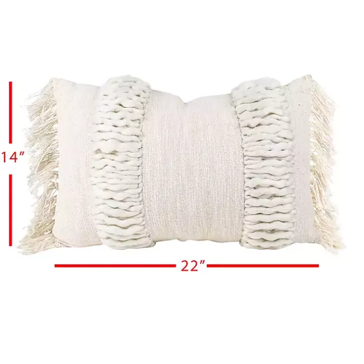 Cream Hand Woven Fringe Ends Lumbar Pillow