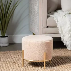 Cream Sherpa Upholstered Round Ottoman