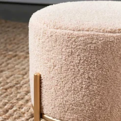 Cream Sherpa Upholstered Round Ottoman