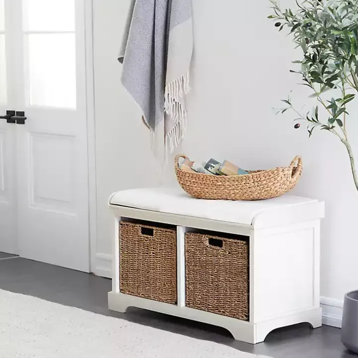 Cream Wood Bench with Storage Baskets