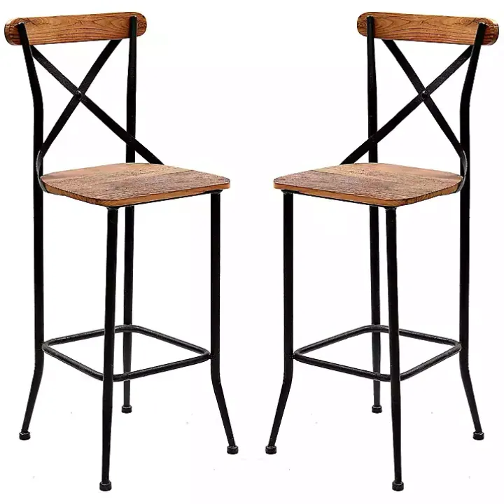Dark Bronze and Pine Wood Bar Stools, Set of 2
