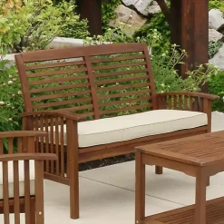 Dark Brown Acacia Wood Loveseat Bench with Cushion