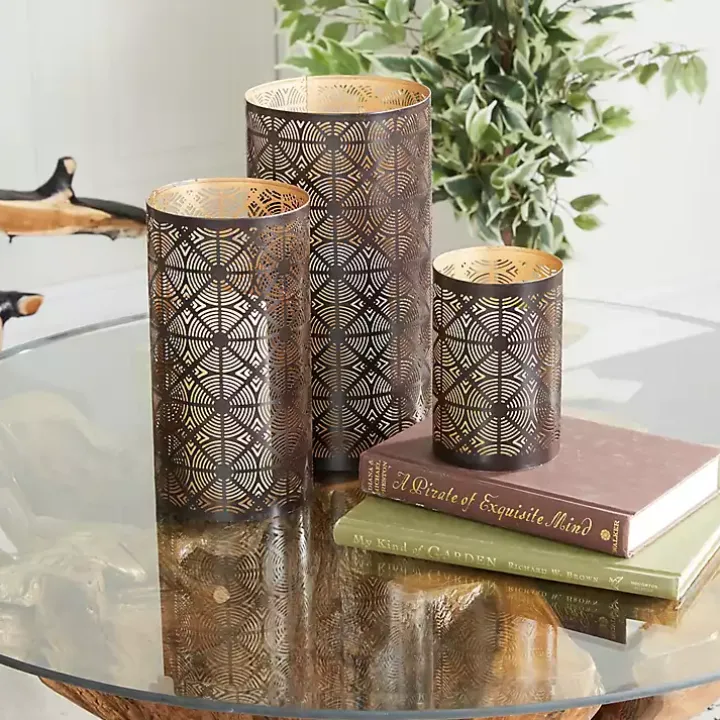 Dark Brown Pierced Metal Candle Holders, Set of 3